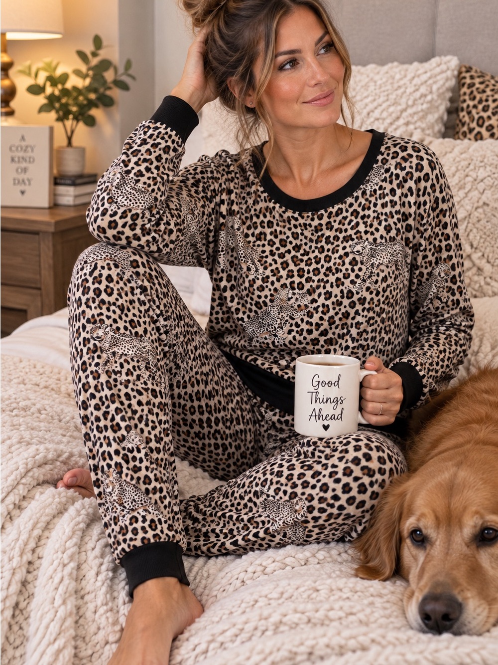 Simply Vera Vera Wang Leopard-Print Lounge Pajama Set in Beige and Black